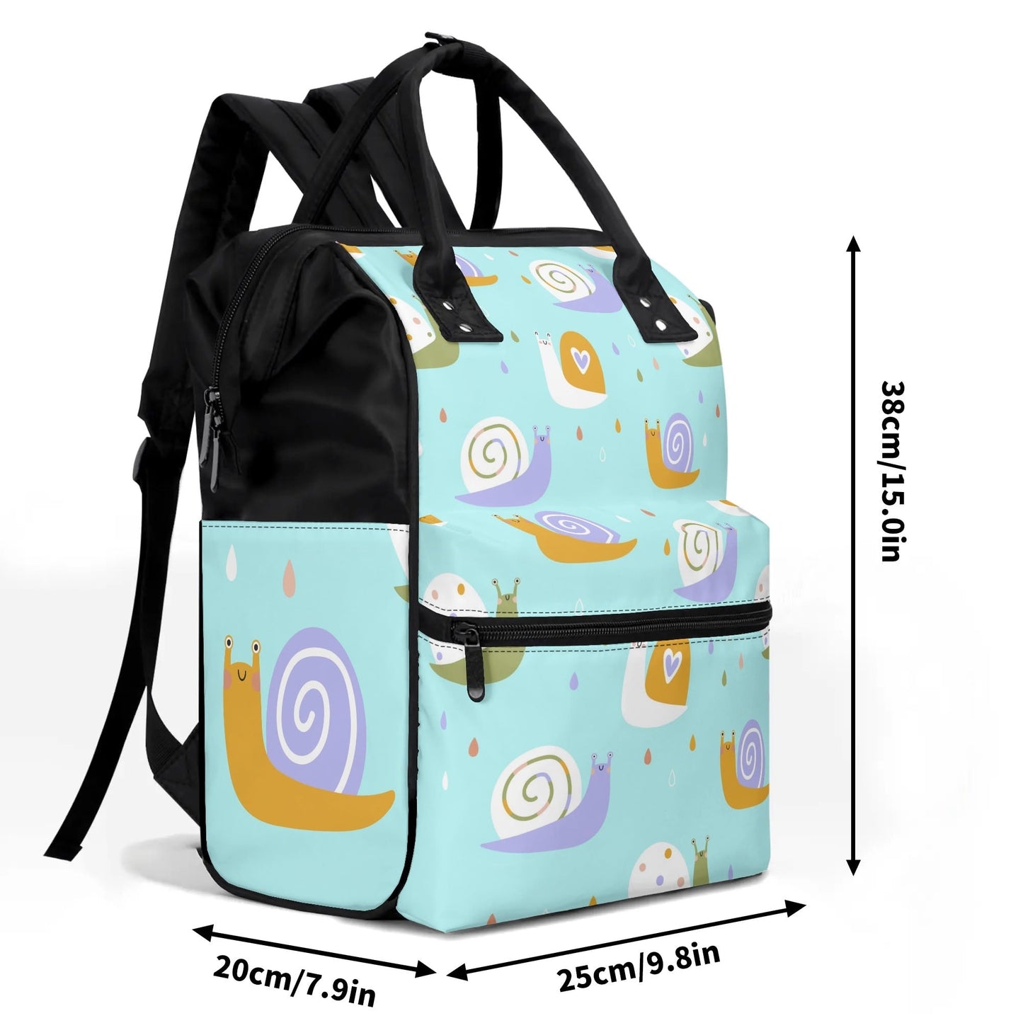 SHOP BABY SNAILS Backpack Diaper Bag at The Wishful Fish KIDS. Fun diaper bags for mom and newborn gifts. Makes a gift of fun with the adorable snail design.