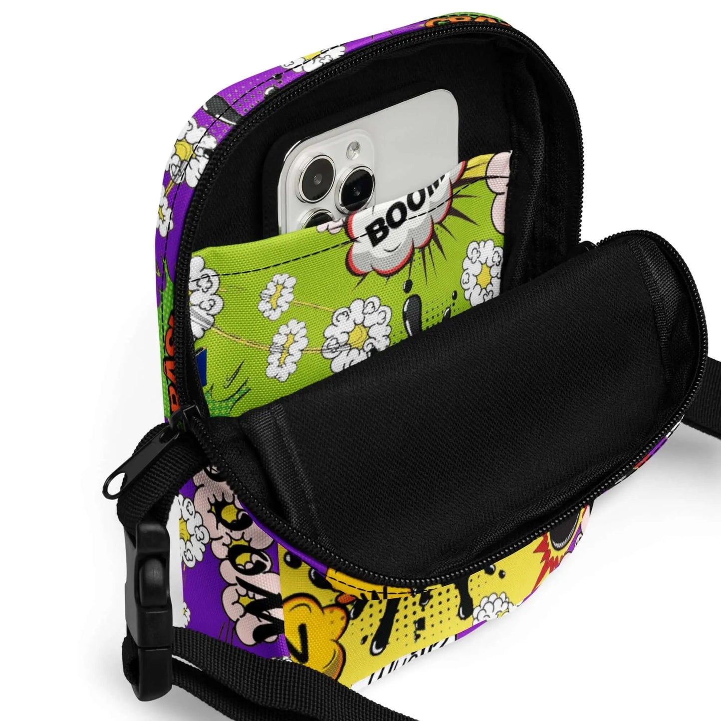 Whether you're a teen looking to add some fun to your outfit or a mom who loves playful accessories, the Comic Cross Body Bag is the perfect way to carry your essentials in style.