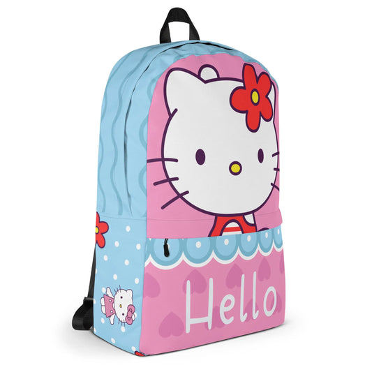 This vibrant backpack features FLOWER POWER KITTY with a bold red flower, set against a dreamy combo of bubblegum pink and sky blue. SHOP Now at The Wishful Fish KIDS