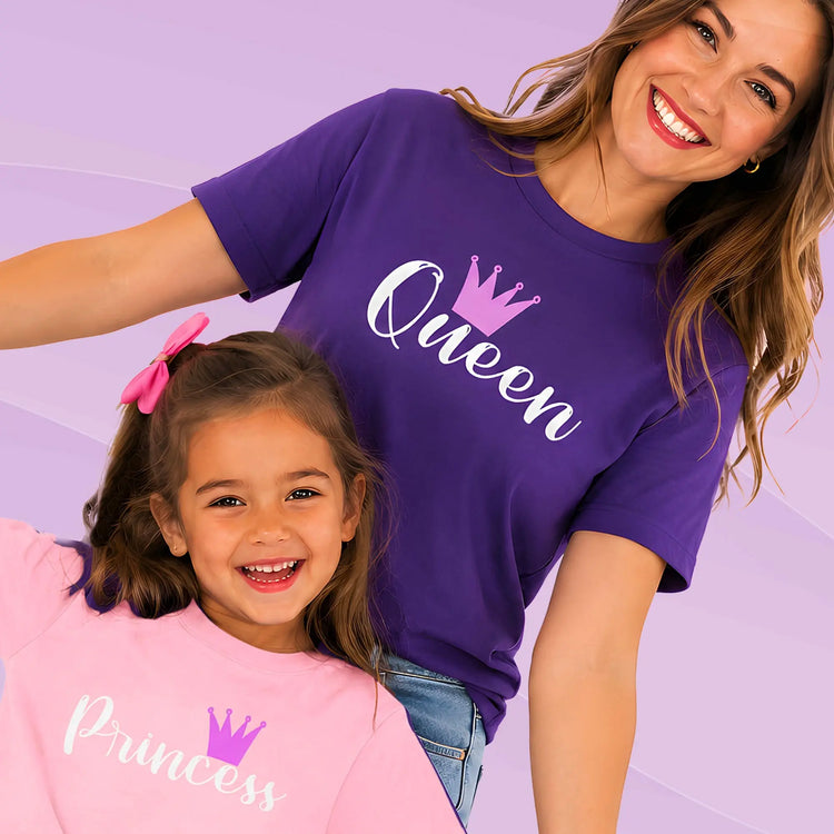 Celebrate your royal bond with the QUEEN & PRINCESS Tees from The Wishful Fish Kids' Mommy & Mini Me Collection. Perfect for moms and daughters!