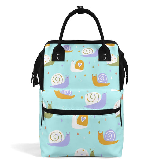 SHOP BABY SNAILS Backpack Diaper Bag at The Wishful Fish KIDS. Fun diaper bags for mom and newborn gifts. Makes a gift of fun with the adorable snail design.
