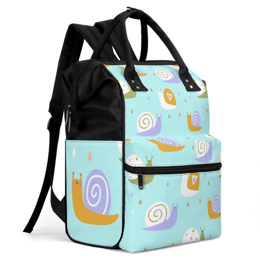 SHOP BABY SNAILS Backpack Diaper Bag at The Wishful Fish KIDS. Fun diaper bags for mom and newborn gifts. Makes a gift of fun with the adorable snail design.