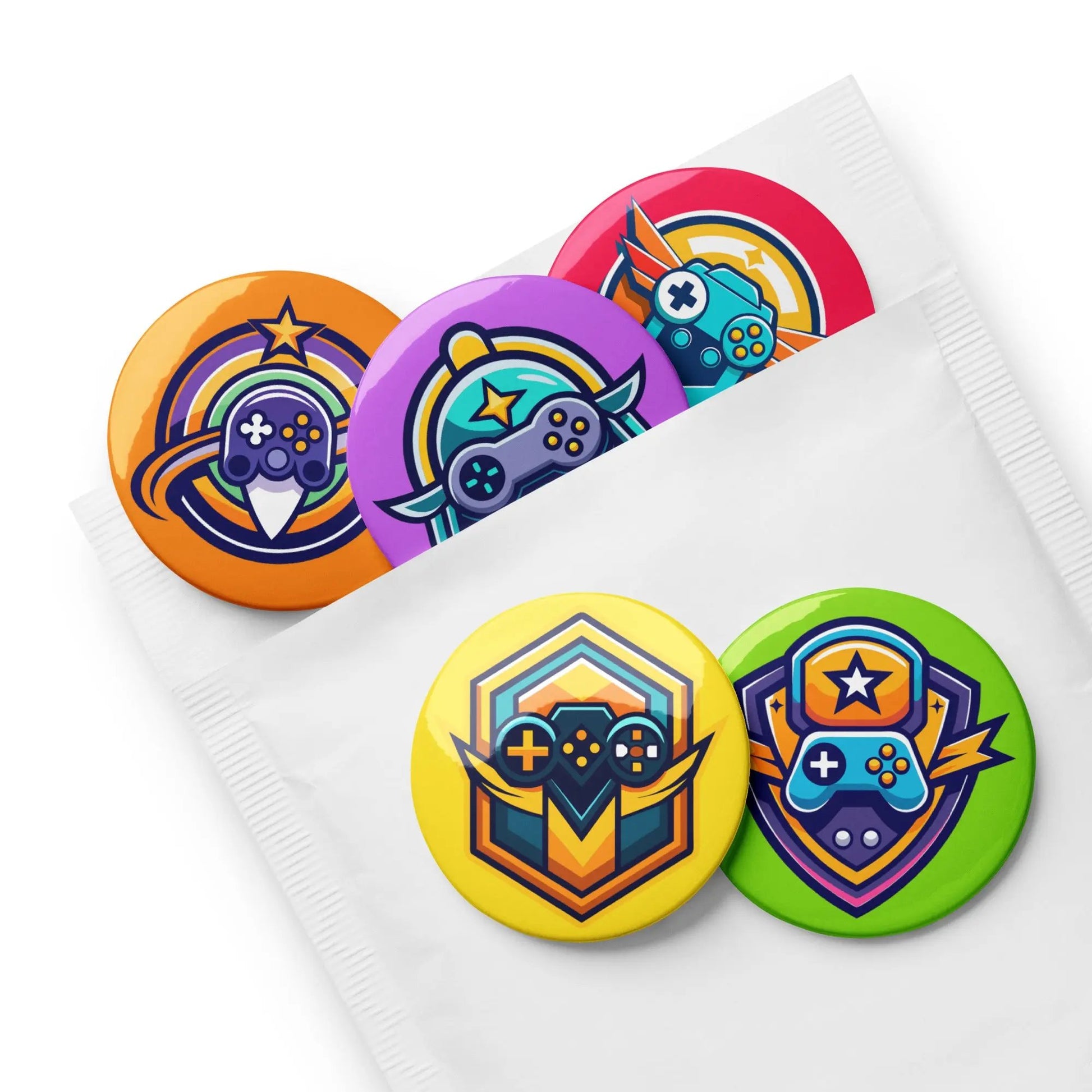 Fun and colorful GAMER Pin Back Buttons displaying quirky designs to express your gaming personality. SHOP Now at The Wishful Fish KIDS