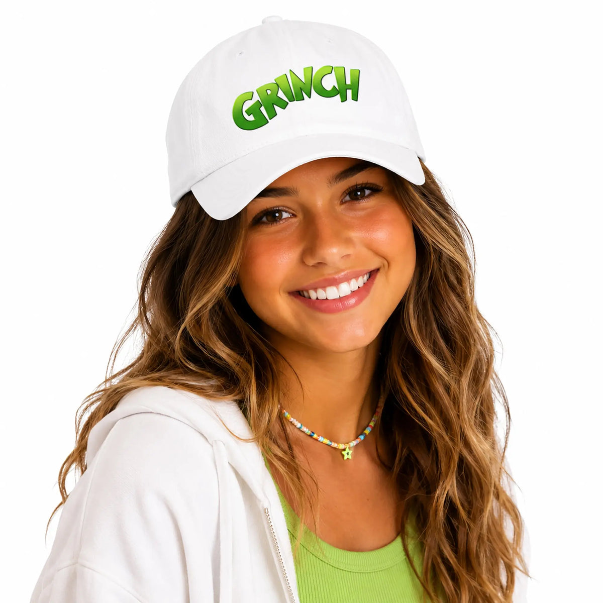 Bring On the Grinchy Good Vibes Grinch Hat. SHOP Now at The Wishful Fish Kids