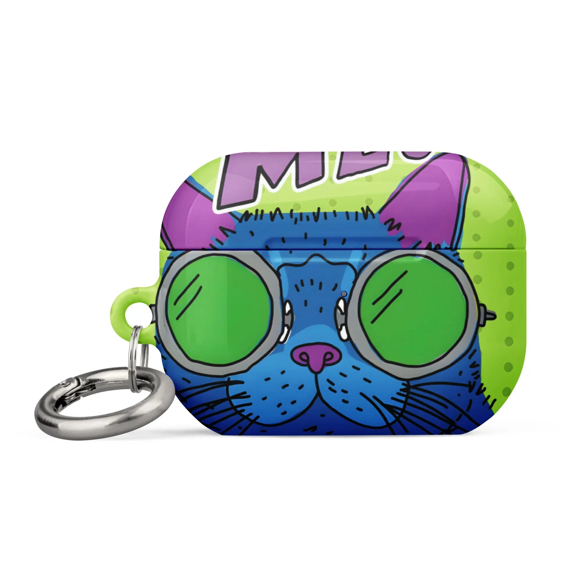 Featuring a cool blue cat wearing oversized green sunglasses against a bright pop art background. SHOP Now at The Wishful Fish Kids