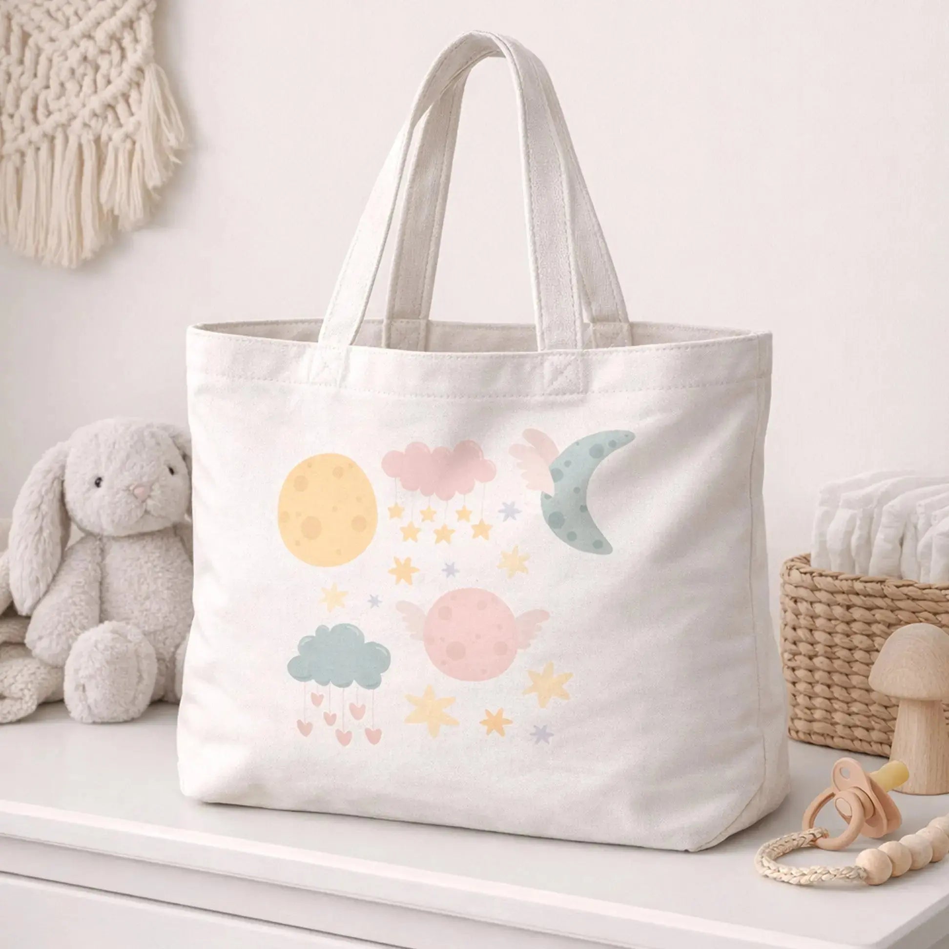 Moon and Stars Diaper Bag Tote. Mix and match with the Moon and Stars Baby Gift Collection. SHOP Now at The Wishful Fish Kids