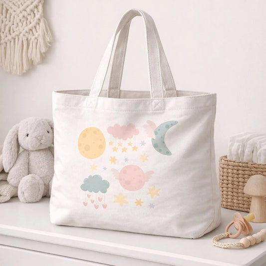 Moon and Stars Diaper Bag Tote. Mix and match with the Moon and Stars Baby Gift Collection. SHOP Now at The Wishful Fish Kids