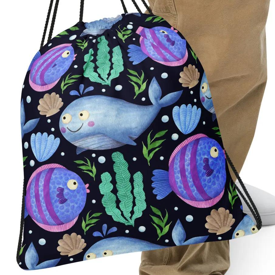 SHOP SEA CREATURES Drawstring Bag at The Wishful Fish KIDS.  This bag is a cool gift idea and a great way to add a touch of fun to any outfit. 