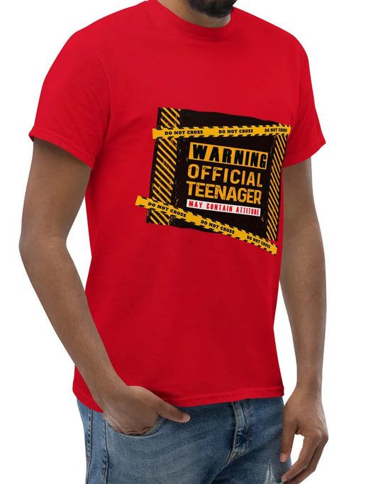 Stylish Teen Attitude T-Shirt designed with caution stripes and a ‘Warning: Official Teenager’ slogan.