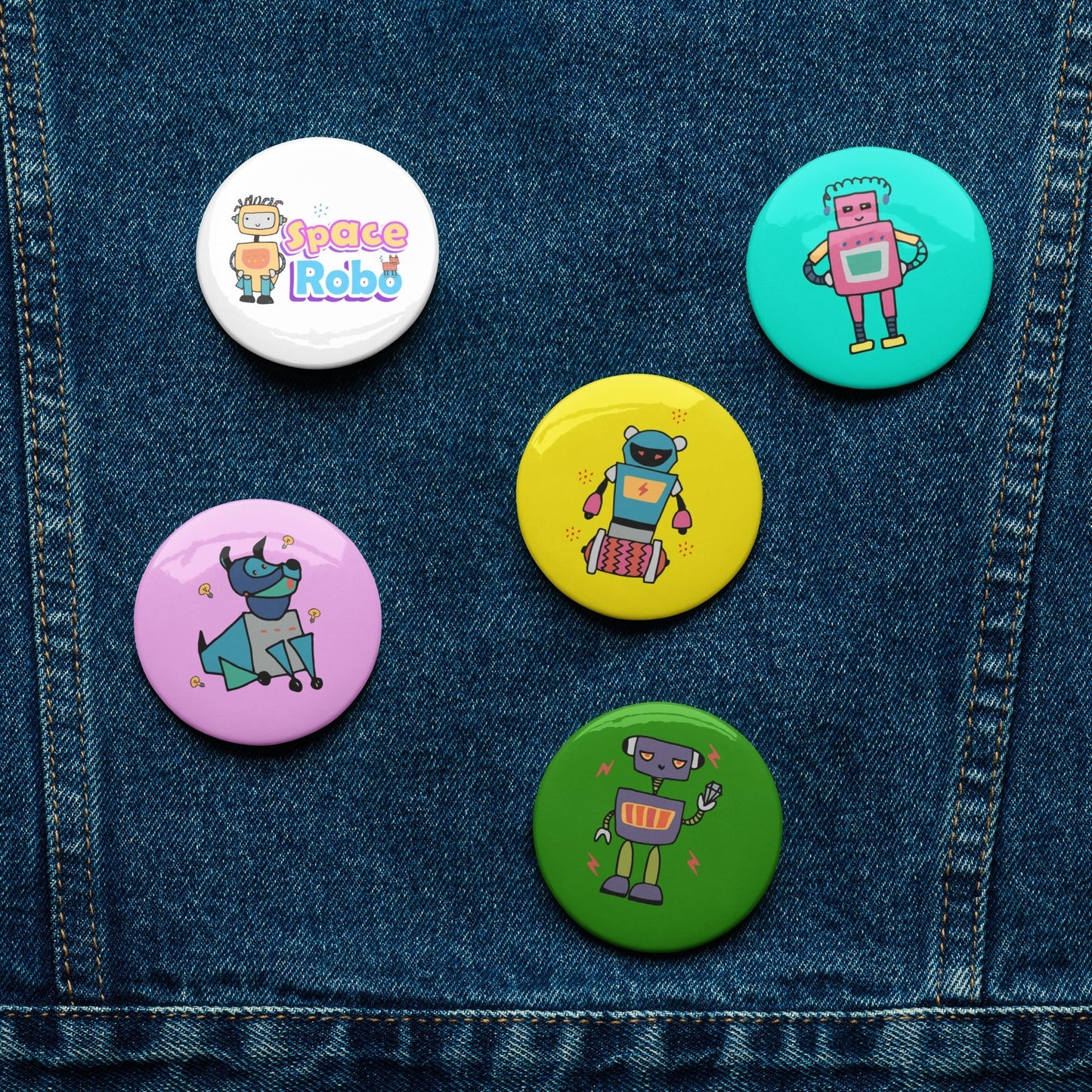 SPACE ROBOTS Set of 5 Pin Buttons - SET 1 - Premium Pin Buttons from The Wishful Fish Kids - Just $20.00! Shop now at The Wishful Fish Kids