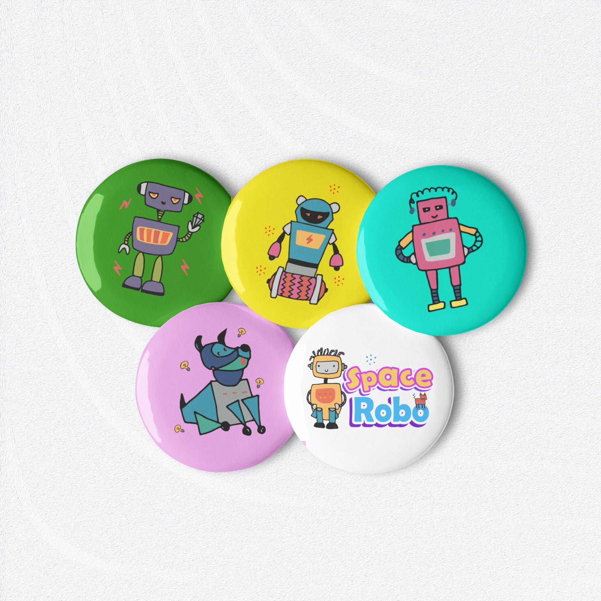 SPACE ROBOTS Set of 5 Pin Buttons - SET 1 - Premium Pin Buttons from The Wishful Fish Kids - Just $20.00! Shop now at The Wishful Fish Kids