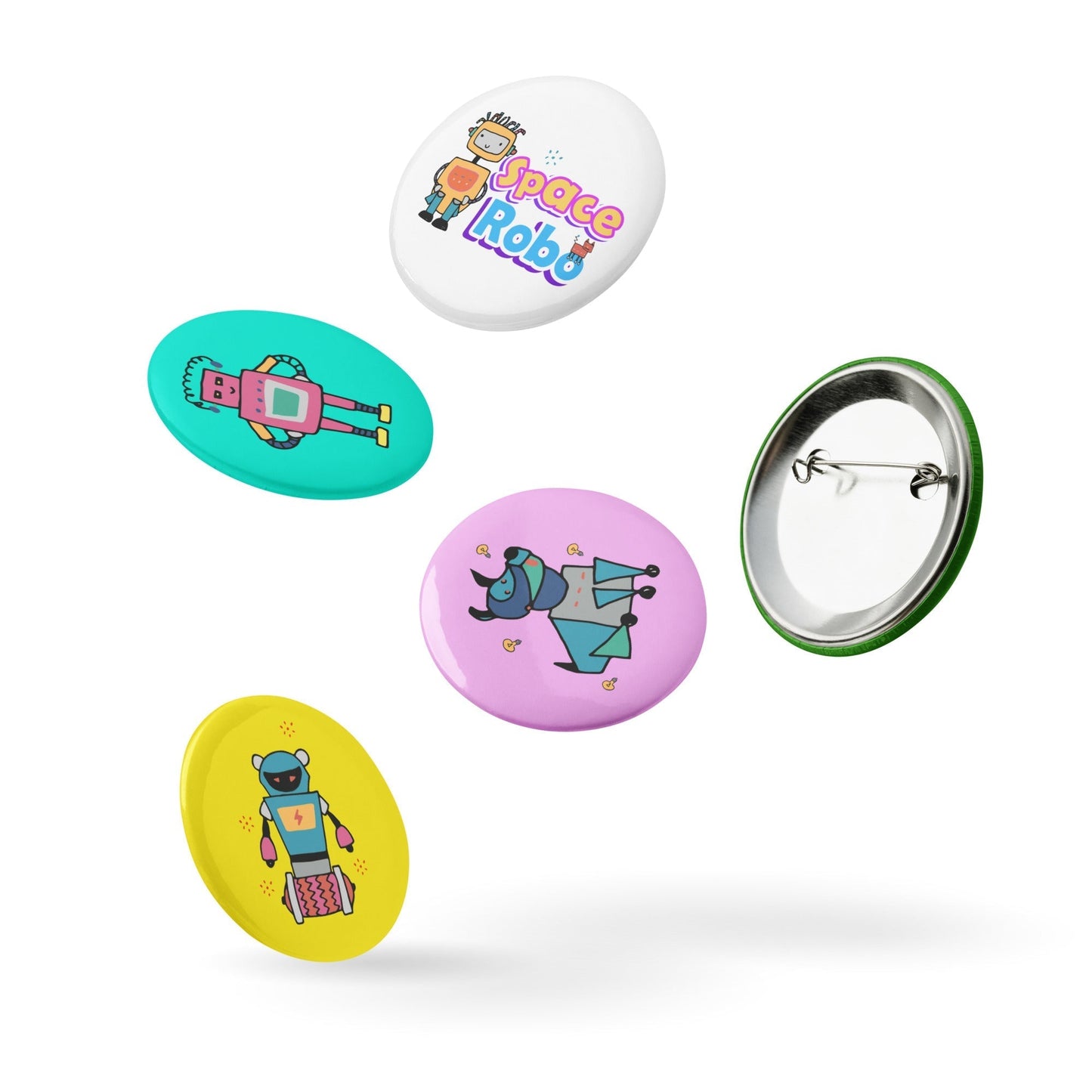 SPACE ROBOTS Set of 5 Pin Buttons - SET 1 - Premium Pin Buttons from The Wishful Fish Kids - Just $20.00! Shop now at The Wishful Fish Kids