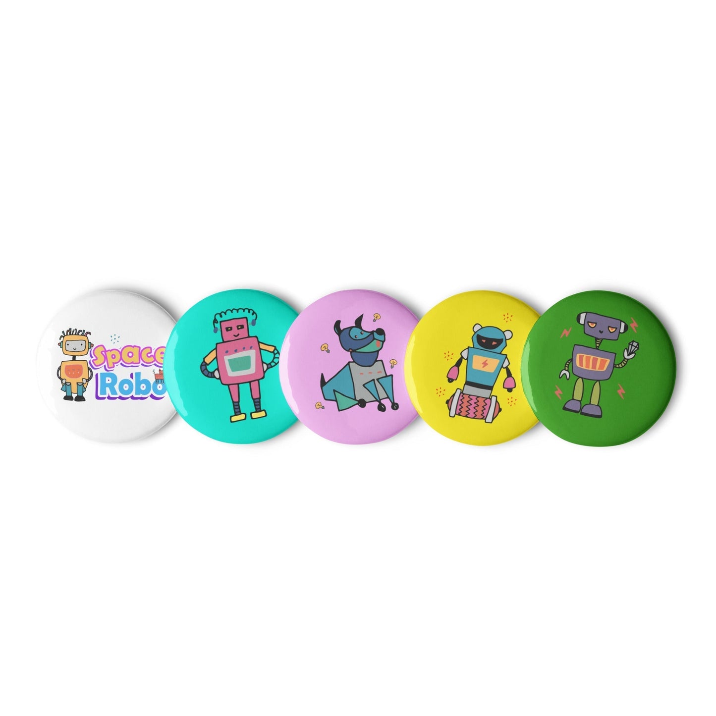 SPACE ROBOTS Set of 5 Pin Buttons - SET 1 - Premium Pin Buttons from The Wishful Fish Kids - Just $20.00! Shop now at The Wishful Fish Kids